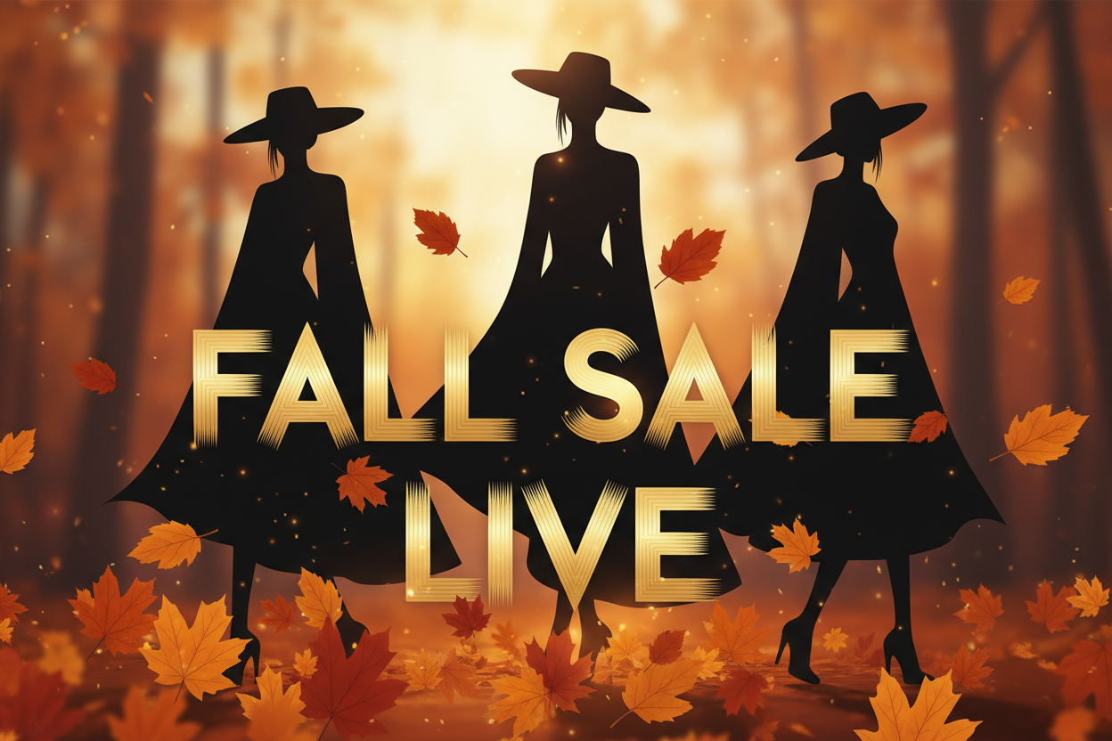 shadowy fashion figures and a text saying fall sale live with fall leaves as decoration